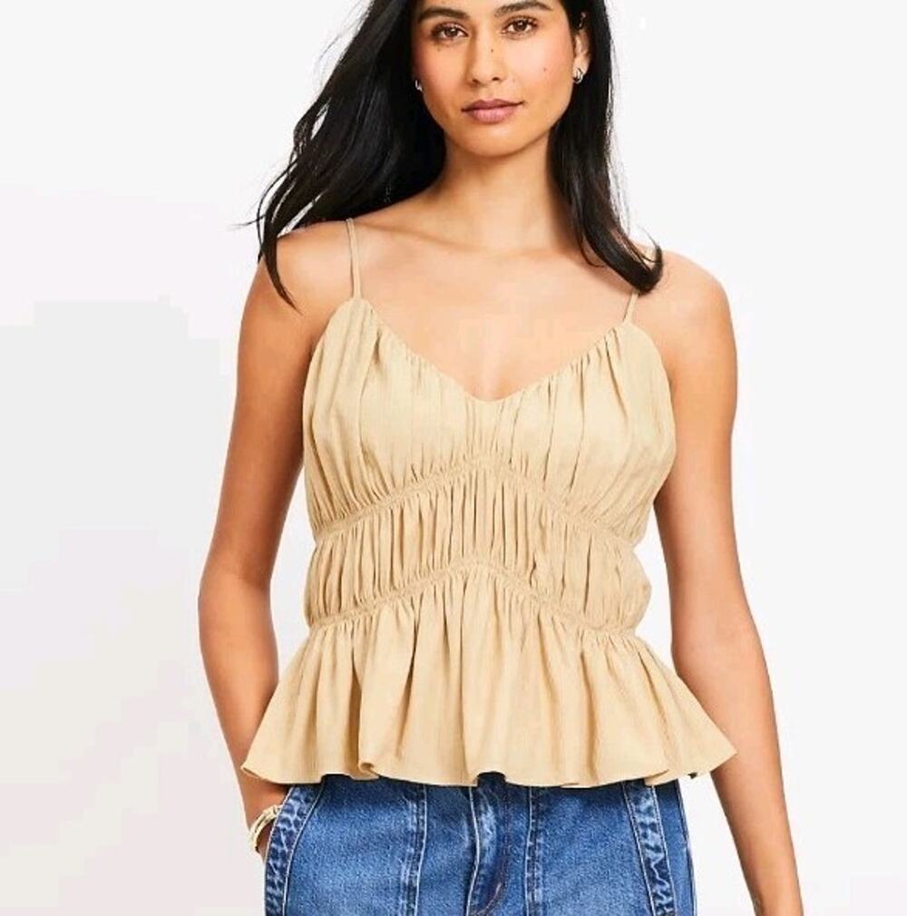 LOFT Petites LP Smocked V Neck Peplum Cami Top Beige Ruched Y2K Boho Festival